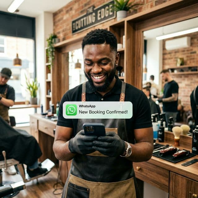 Excited Ghanaian barber checking bookings