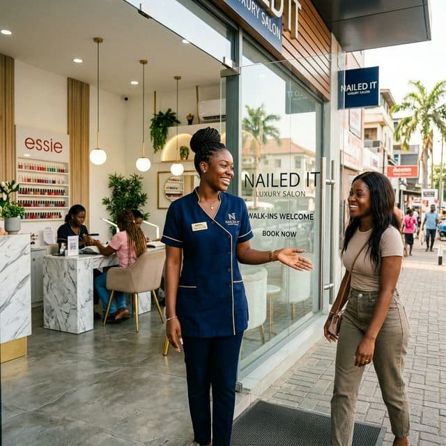 Excited Ghanaian nail tech welcoming client